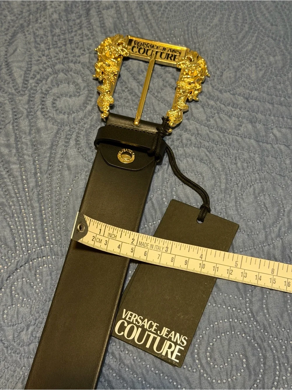 Versace Jeans Collection Black Leather Belt with Gold Ornate Buckle
